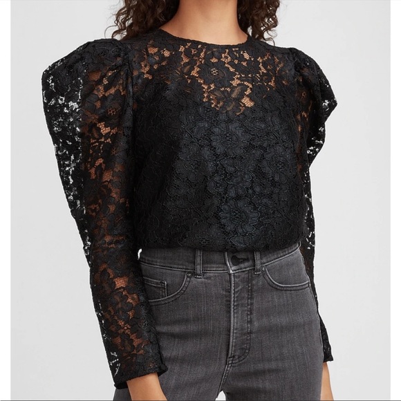 Express Tops - NWT! EXPRESS Black Lace w/ Puff Long Sleeve Blouse & attached Black Cami Size: S